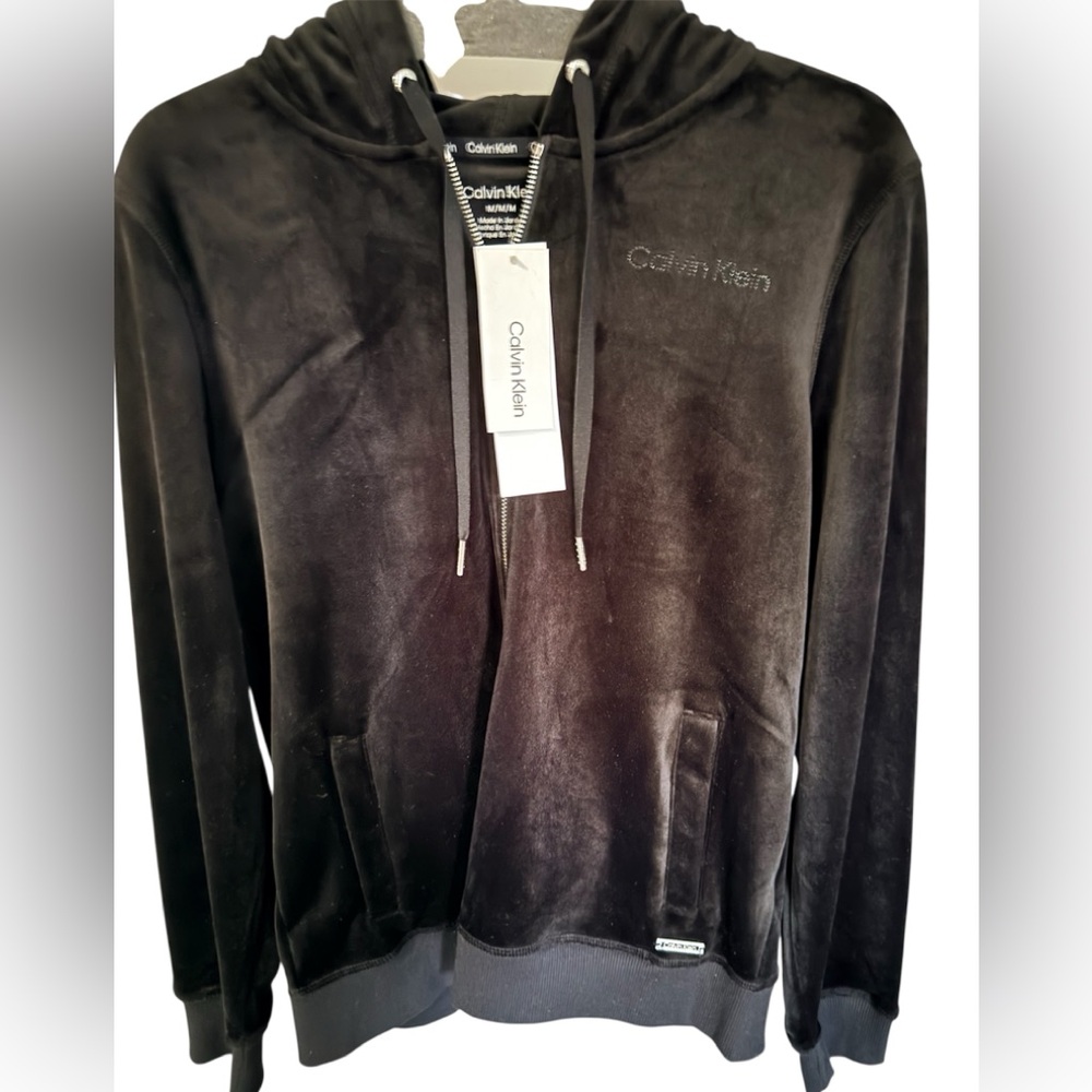 Calvin Klein Black Velour Hooded Zip Jacket NWT Sz. M